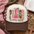 I Will Praise Him in Every Season Psalm 146:2 DTF transfer with patchwork PRAISE lettering in polka dot, checkered, cross, and star patterns Shown on a ivory front panel with chocolate-brown bill and pink-brown checkered mesh back trucker hat.