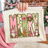 Pink and green faux-embroidered MERRY Christmas DTF transfer with snowman, Christmas tree, gingerbread man, gifts, and penguin tucked into each letter
