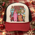 A Christmas Story retro-style DTF transfer collage featuring the pink bunny suit, leg lamp, cracked glasses, BB gun, and You'll Shoot Your Eye Out VHS cover art Shown on a Ivory front panel, brick red bill, black mesh back trucker hat.