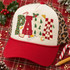 PARA chunky bubble letter DTF transfer with leopard print, red paint texture, Christmas tree, and checkerboard patterns surrounded by holly, a candy cane, a pencil, and a paint palette Shown on a ivory front panel with a cherry-red pre-curved bill and leopard-print mesh back trucker hat.