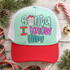 Santa I Know Him Christmas DTF transfer with hand-drawn Santa face replacing the letter A in bold mixed-color bubble lettering Shown on a mint front panel with red bill and white mesh back trucker hat.