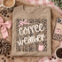 Coffee Weather DTF transfer with cream hand-lettered script, distressed leopard print background, pink bow, and steaming pink coffee mug Shown on a Hemp t-shirt.