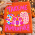 Take Me to the Pumpkin Patch DTF transfer with pink bubble lettering and three colorful decorated pumpkins featuring polka dot, daisy floral, and heart patterns Shown on a Safety Orange crewneck sweatshirt.