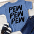 PEW PEW PEW YOUTH Screen Print Heat Transfer, blue youth T-shirt with black text design.