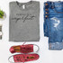 Perfectly Imperfect Screen Print Transfer, image of a gray t-shirt with the text 'PERFECTLY imperfect' and a pair of distressed jeans and red sneakers.