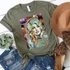 Dolly Retro Art Screen Print Heat Transfer, colorful artistic portrait of a woman on a green t-shirt.