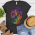 Tie Dye Floral Skull Screen Print Heat Transfer, colorful skull design with floral and psychedelic patterns on a dark T-shirt.