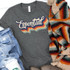 Essential FINAL STOCK Screen Print Heat Transfer, colorful retro style text design on a gray t-shirt.