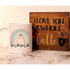 Mama pastel rainbow Sublimation Transfer, colorful rainbow design with the word 'mama' on a white mug, wooden sign with 'I LOVE YOU A WHOLE latte' and a steaming coffee cup illustration.