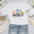 Watercolor heart Mom of Both Sublimation Transfer, white t-shirt with a watercolor design featuring pink, blue, and gold hearts and the phrase 'Mom of Both' in black lettering.