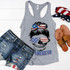 All American Skull ADULT Screen Print Heat Transfer, graphic tank top featuring a skull with hairstyle and American flag sunglasses, patriotic patriotic-themed design.