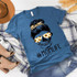 Sunflower Mom Life Skeleton FINAL STOCK Screen Print Heat Transfer, blue T-shirt with a skull wearing a sunflower headband and sunglasses, #MOMLIFE hashtag.