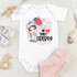 Lil' Miss Liberty fireworks Patriotic 4th of July Sublimation Transfer on a baby Onesie, featuring a cartoon girl with a crown and American flag-themed dress, with patriotic balloons in the background.