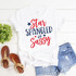 Star Spangled and Sassy Sublimation Transfer, a white T-shirt with a patriotic design featuring red and blue text and stars.