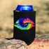 Tie Dye Lips HAT/CAN HUGGER Screen Print Heat Transfer, a colorful lip design in tie dye pattern on a black can hugger covering a soda can.