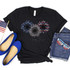 Patriotic Flag Sunflower Trio Screen Print Heat Transfer, floral sunflower design in American flag colors on a black T-shirt.