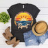 Sunrise Sunburn Sunset Screen Print Heat Transfer, graphic t-shirt featuring a sunset with a sunflower and ocean waves, with the text 'Repeat' in a stylish font.