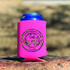 Cool Aunts Club HAT/POCKET/CAN HUGGER Screen Print Transfers, pink fabric can holder with leopard print text and logo, placed on a wooden surface outdoors.