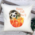 Happy Fall Ya'll Sloth Sublimation Transfer, illustrated cute sloth holding a pumpkin with fall themed colors and text.