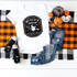 Witch's Brew Potion Sublimation Transfer, Halloween-themed black and white graphic design on a white T-shirt, displayed alongside pumpkins, a pair of black and white sneakers, and distressed denim jeans on a checkered orange and black tablecloth.