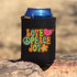 Love Peace Joy Hat/Pocket Screen Print Heat Transfer, image of a beverage can inside a black foam koozie with colorful 'Love Peace Joy' graphic design.