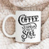 Coffee Warms The Soul Sublimation Transfer, a white ceramic mug with black artistic text design.
