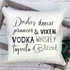 Santa's Favorites Sublimation Transfer pillow, decorative pillow with text listing festive drinks like vodka, whiskey, tequila, and blitzen.