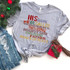 His Name Screen Print Heat Transfer, colorful text design on a gray casual sweatshirt.