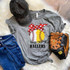 Busy Raising Ballers Baseball/Softball Screen Print Heat Transfer, gray t-shirt with a baseball and softball graphic featuring a red polka dot scarf and the text "busy raising BALLERS".