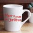 Merry Drunk I'm Christmas Sublimation Transfer, white ceramic mug with red and gray text design for holiday decoration.