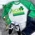 Lucky Screen Print Heat Transfer, colorful shirt with clovers and the word Lucky, St. Patrick's Day themed casual clothing and accessories.