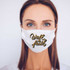 Walk By Faith Sublimation Transfer, close-up of a woman wearing a face mask with the text 'Walk by faith' in black and gold lettering.