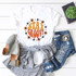 Stay Groovy Sublimation Transfer, white T-shirt with colorful groovy text and floral design.