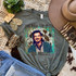 The Man The Myth The Mullet Screen Print Heat Transfer, a gray T-shirt featuring a colorful graphic of a man with a mullet hairstyle and text, surrounded by accessories and fashion items.