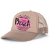 Don't Worry Beach Happy Sublimation Transfer, stylish trucker hat with pink sunset and palm tree design for beach and summer fashion.