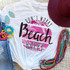 Don't Worry Beach Happy Sublimation Transfer, white T-shirt with pink beach sunset and palm tree design and text.
