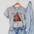 High Voltage Tiger Screen Print Heat Transfer, graphic t-shirt featuring a fierce tiger and electric lightning design on a gray shirt.