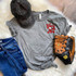 You're Outta Here Baseball POCKET Screen Print Heat Transfer, gray T-shirt with 'You're Outta Here' baseball graphic, paired with blue jeans, a black distressed baseball cap, and a brown and black Wilson baseball glove on a white fluffy background.