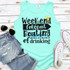 Weekend Forecast Screen Print Heat Transfer, a light blue sleeveless tank top with boat-themed humorous text