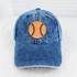 Baseball Softball Leather Hat Patch, Denim baseball cap with a leather patch featuring a baseball design with black stitched seams.