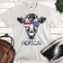 Patriotic Cow 'merica USA Red White and Blue Flag Sublimation Transfer, graphic t-shirt featuring a cow wearing American flag sunglasses and a bandana, with the word MERICA!