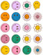 Retro Happy Variety Pack Sticker Sheet, collection of colorful emoji and floral stickers with various expressions and designs.