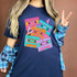 90s Cassette Tapes Screen Print Heat Transfer, colorful cassette tapes with song titles and designs on a navy t-shirt