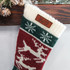 Custom Text Brown Leather Patch Christmas Stocking, Christmas sock with Christmas tree and reindeer design, personalized with 'SAWYER' leather patch.