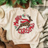 Leopard Reindeer Screen Print Heat Transfer, Christmas holiday sweatshirt featuring a leopard print reindeer with holiday accessories and the greeting 'Merry Christmas'.