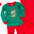 All I Want For Christmas Is A Dinosaur DTF Transfer, festive green and red holiday themed children's sweatshirt with a dinosaur wearing a Santa hat and surrounded by Christmas lights and colorful dots.