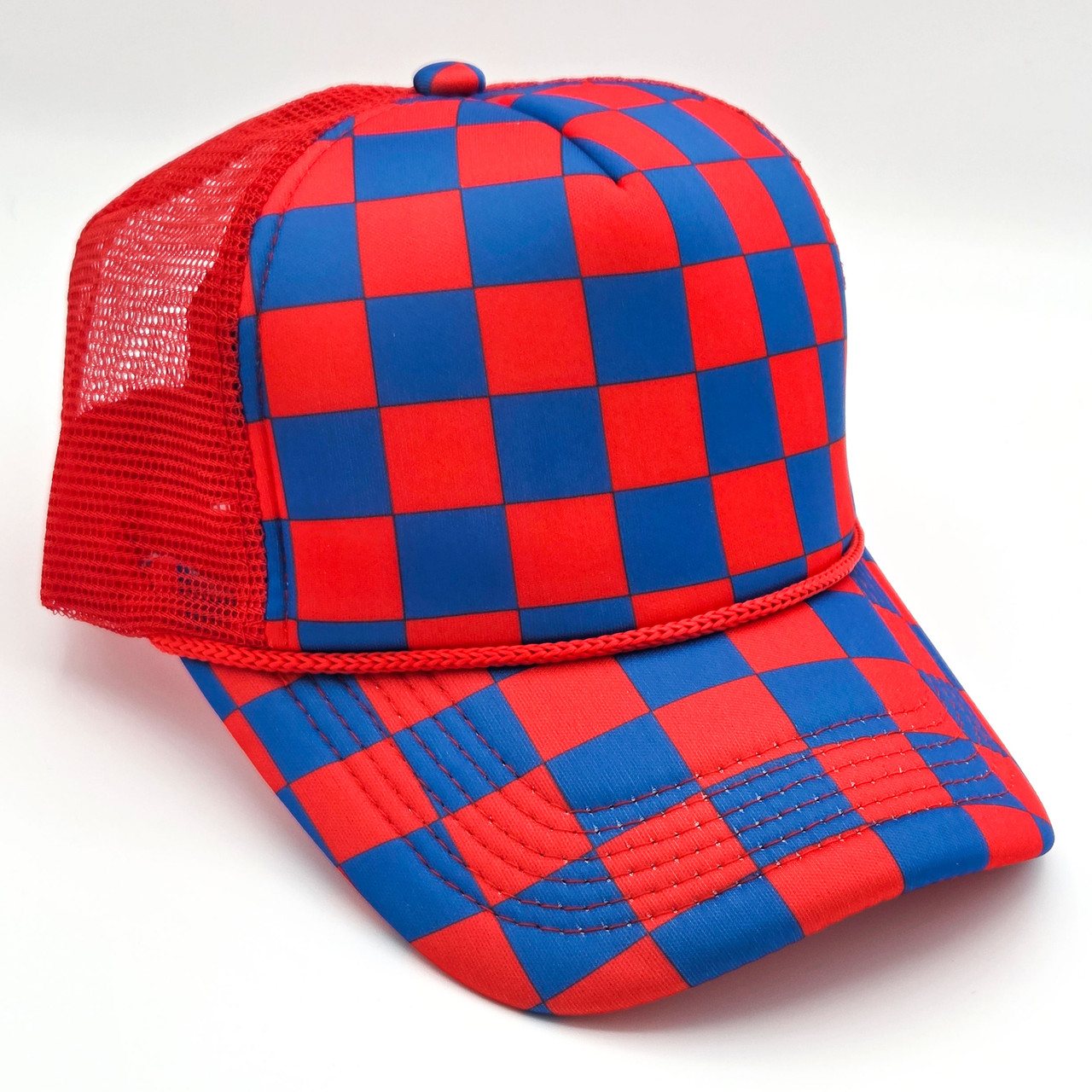 Red & Royal Blue Checkered Foam Trucker Hat