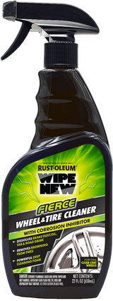 Rust‑Oleum Wipe New Fierce Wheel & Tire Cleaner trigger spray bottle with green and black label, shown isolated on a transparent background