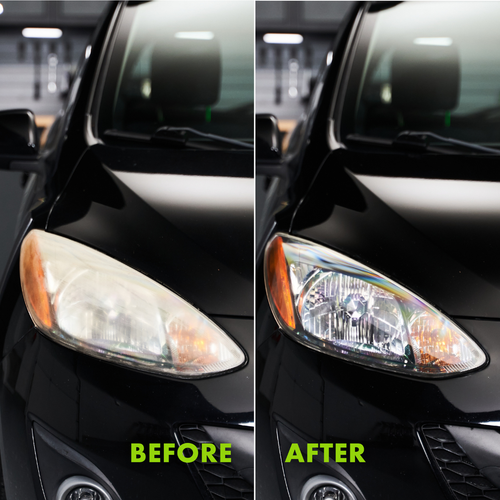 Before and after results of cloudy versus restored headlights on a black car using Wipe New Headlight Restore Kit.