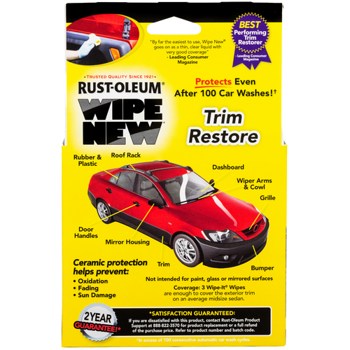 Back of Wipe New Trim Restore Kit packaging highlighting multiple vehicle trim applications and long-lasting ceramic protection benefits